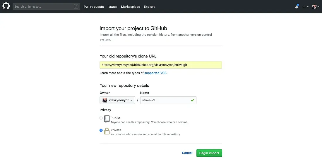 Window where you need to input Bitbucket repository url and select a target repository in Github