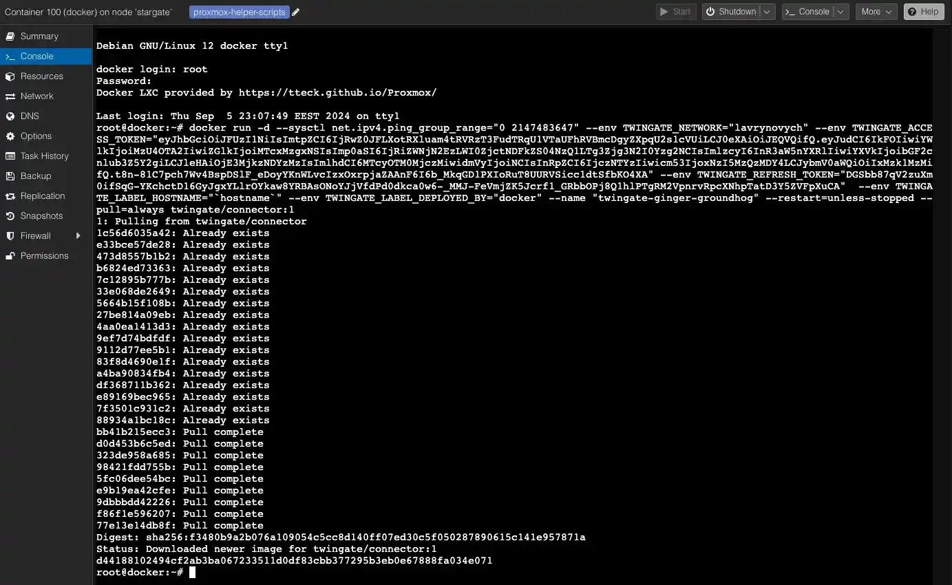 Proxmox Console with connector deploument process