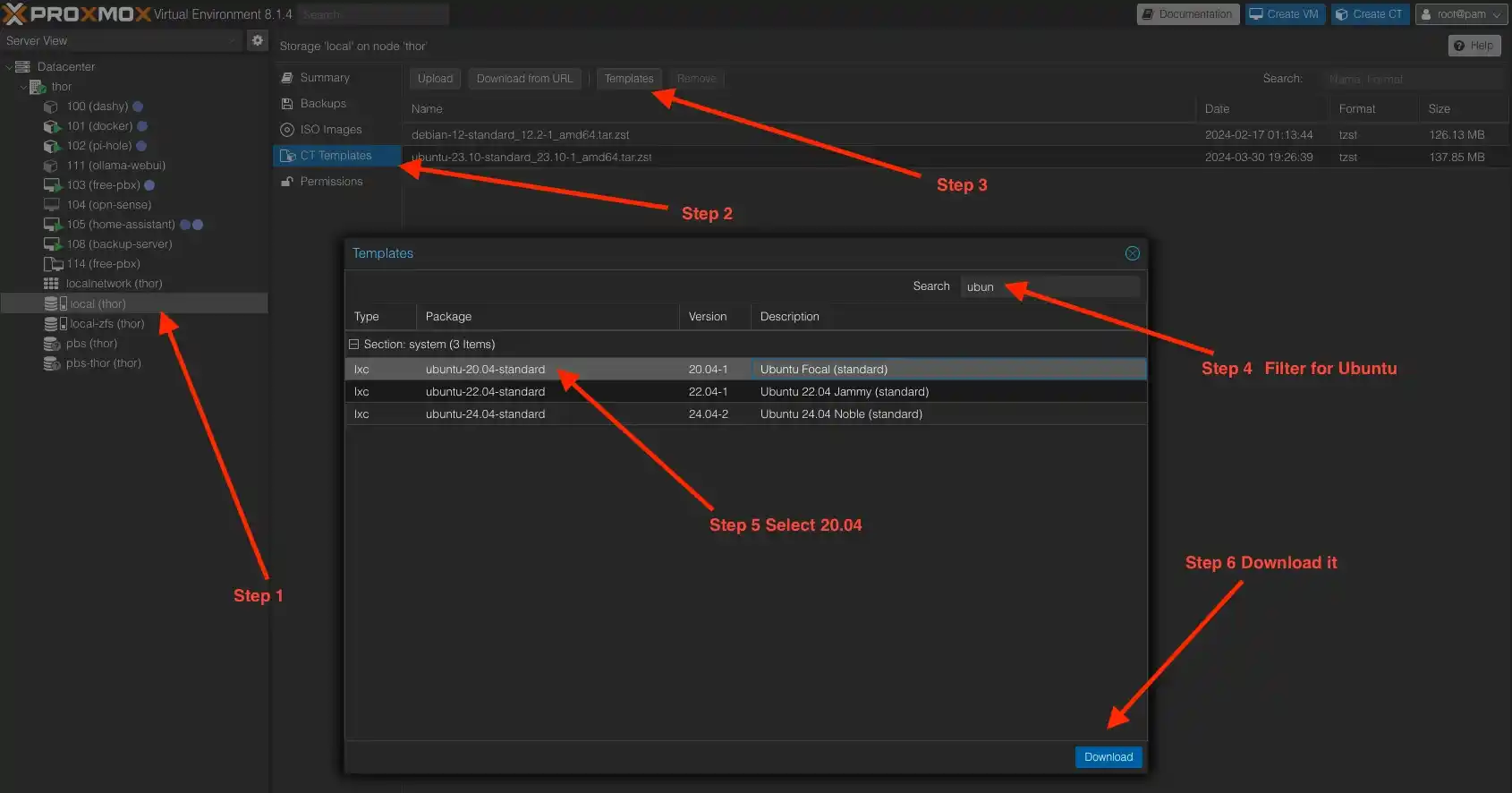 Proxmox VE - download Ubuntu template