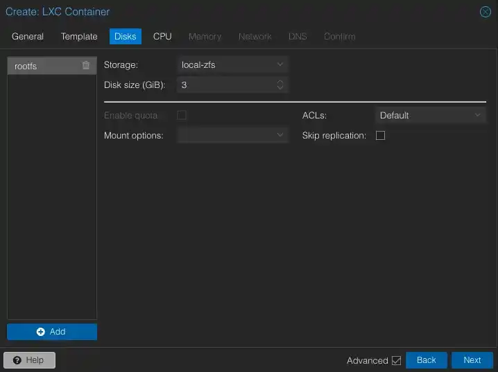 Proxmox VE - LXC container - Disks