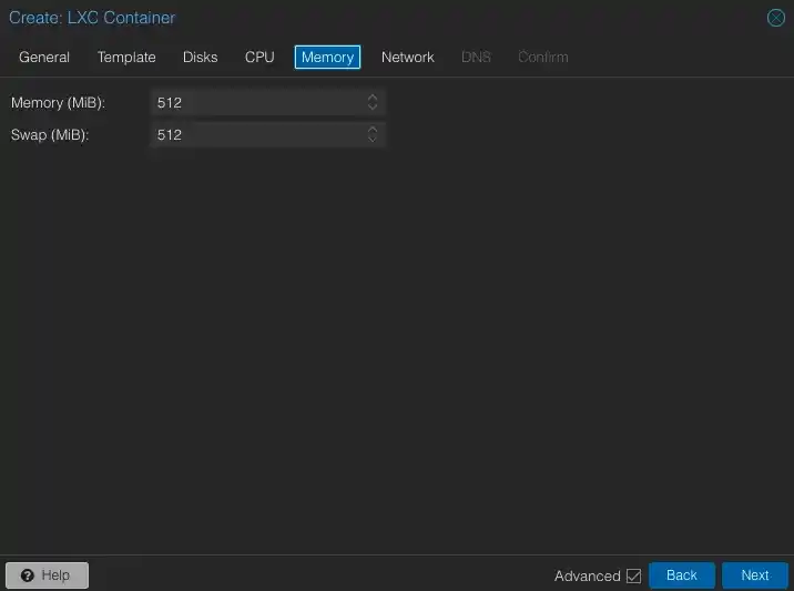 Proxmox VE - LXC container - Memory