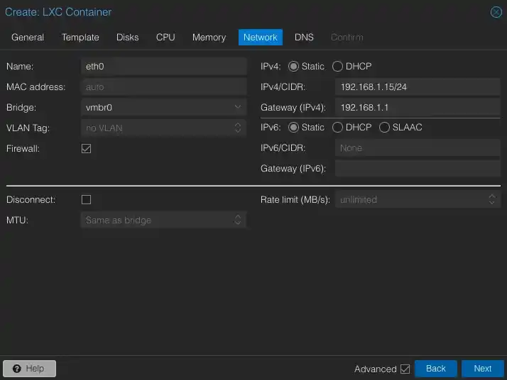 Proxmox VE - LXC container - Network