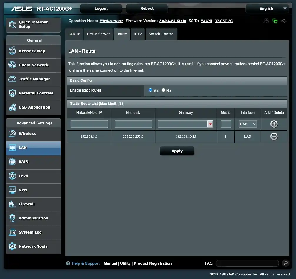 Asus Router - Add static route