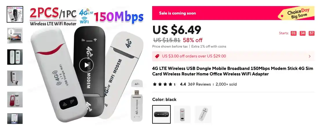 AliExpress screenshot of 4G LTE Wifi modem