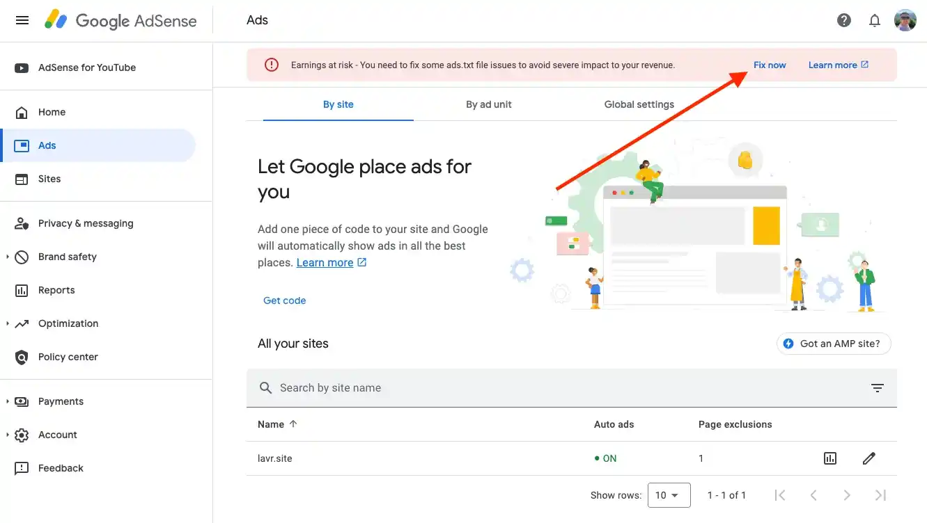 Google AdSense - click Fix now button