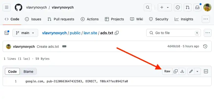 Github - ads.txt file - click Raw button to get a direct link to the file 