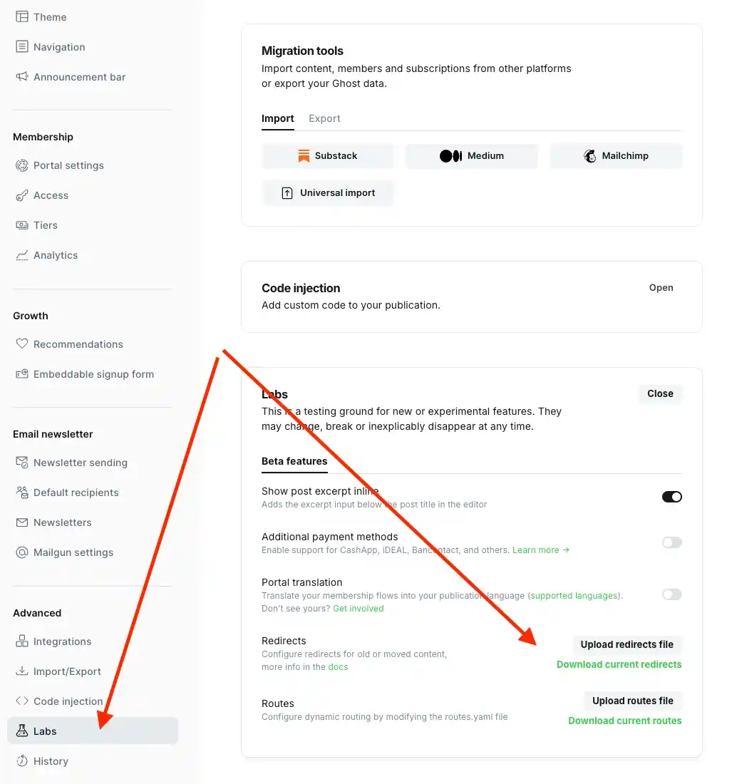 Ghost Admin panel - Settings - Labs - Redirects