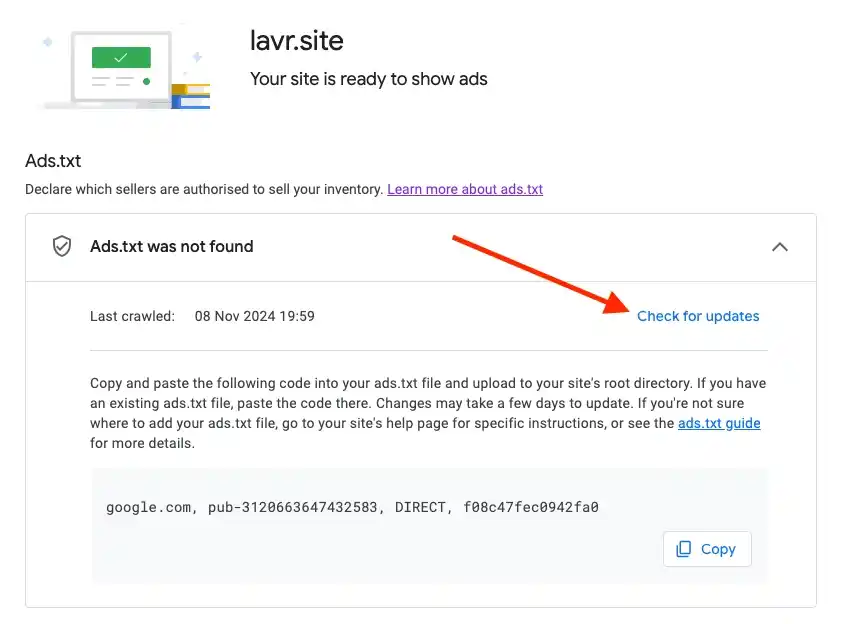 Google AdSense - button to check the ads.txt
